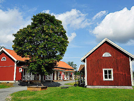 Rote Holzhäuser auf einem Hof in Schweden