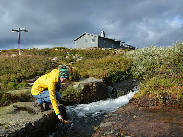 Eine Frau trinkt Wasser aus einem klaren Bach in Schweden